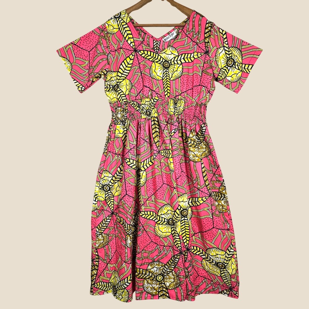 Jessica Taylor Floral Midi Dress Womens 1X Pink Yellow Cotton Excellent Smocked